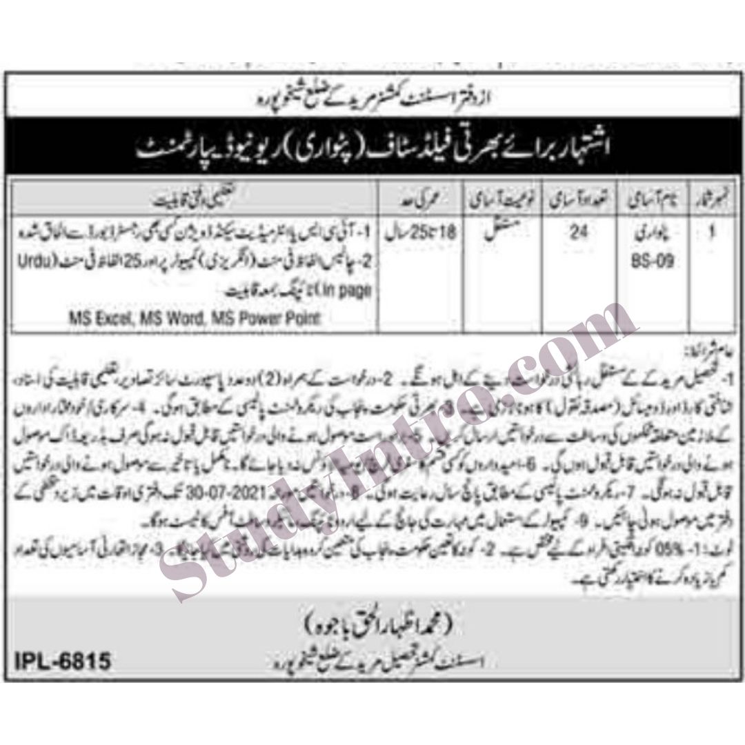 Patwari Jobs in AC Office Mureedky 2021