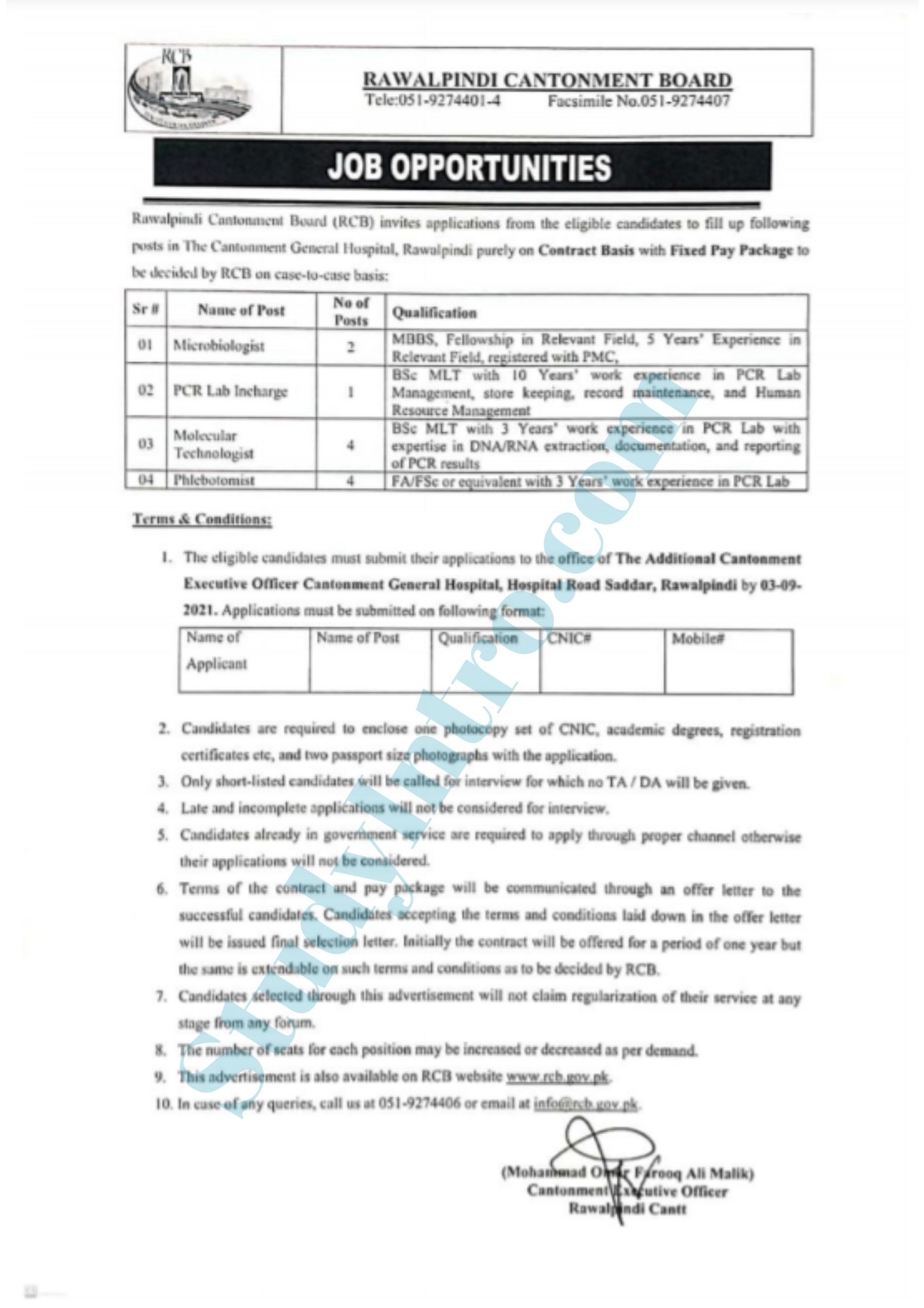 Jobs In Rawalpindi Cantonment Board 2021-Apply Now - Study Intro