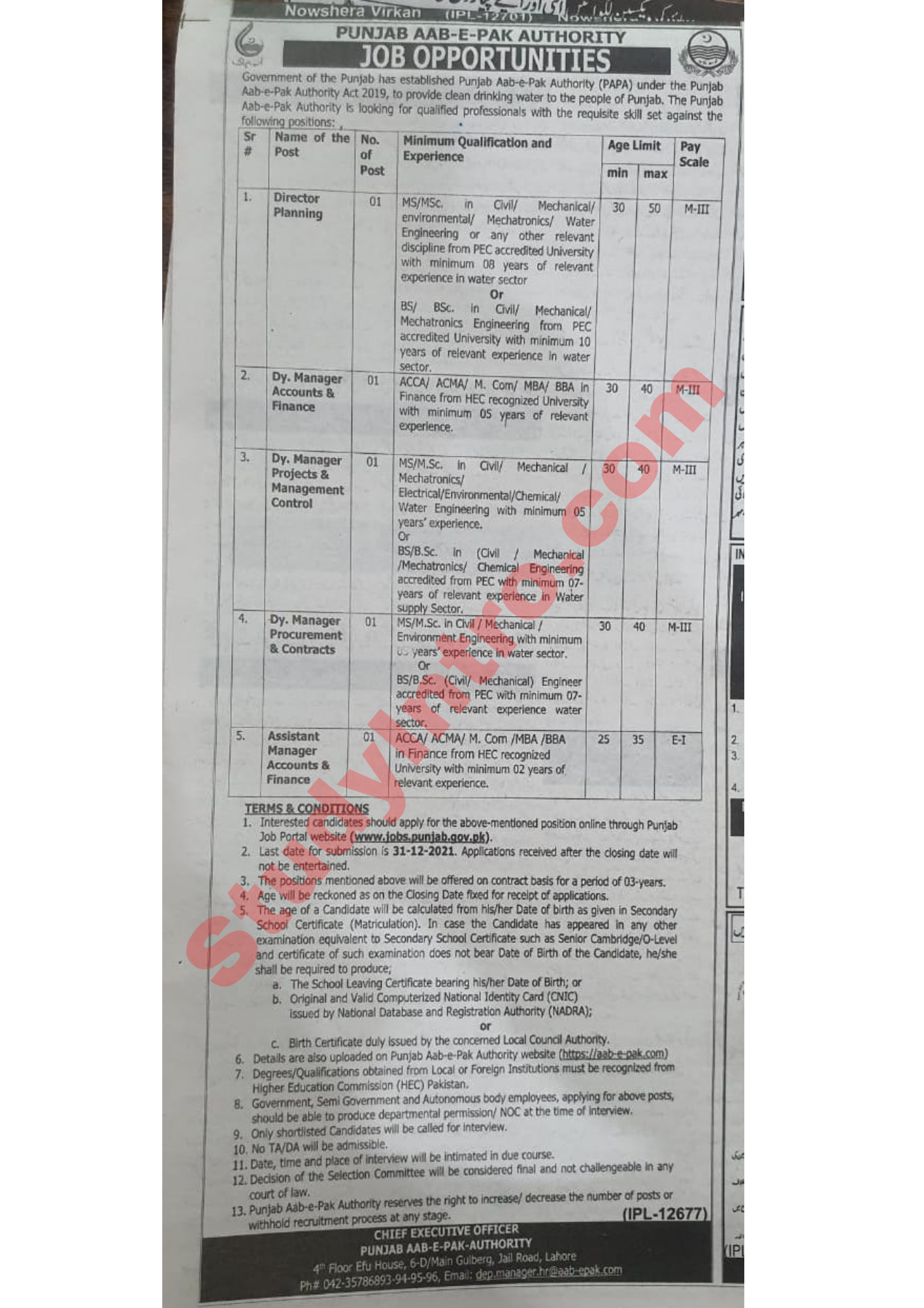 Government Jobs in Punjab Aab-e-Pak Authority 2021