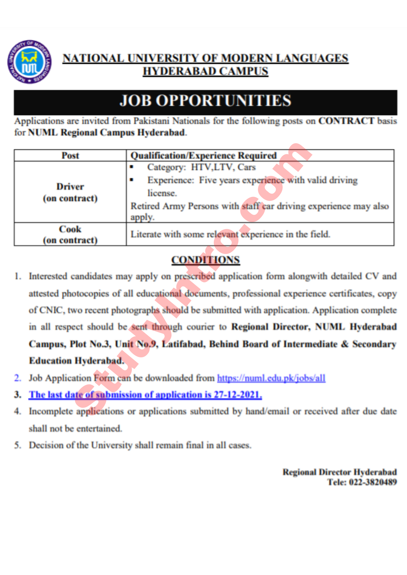 NUML Jobs 2021 in Hyderabad 