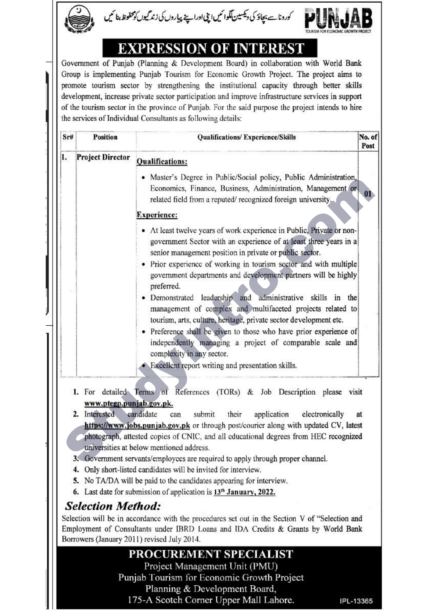 Govt Jobs in Punjab Tourism for Economic Growth Project 2022