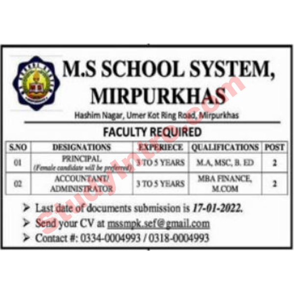 Latest Jobs in MS School System Mirpur Khas 2022