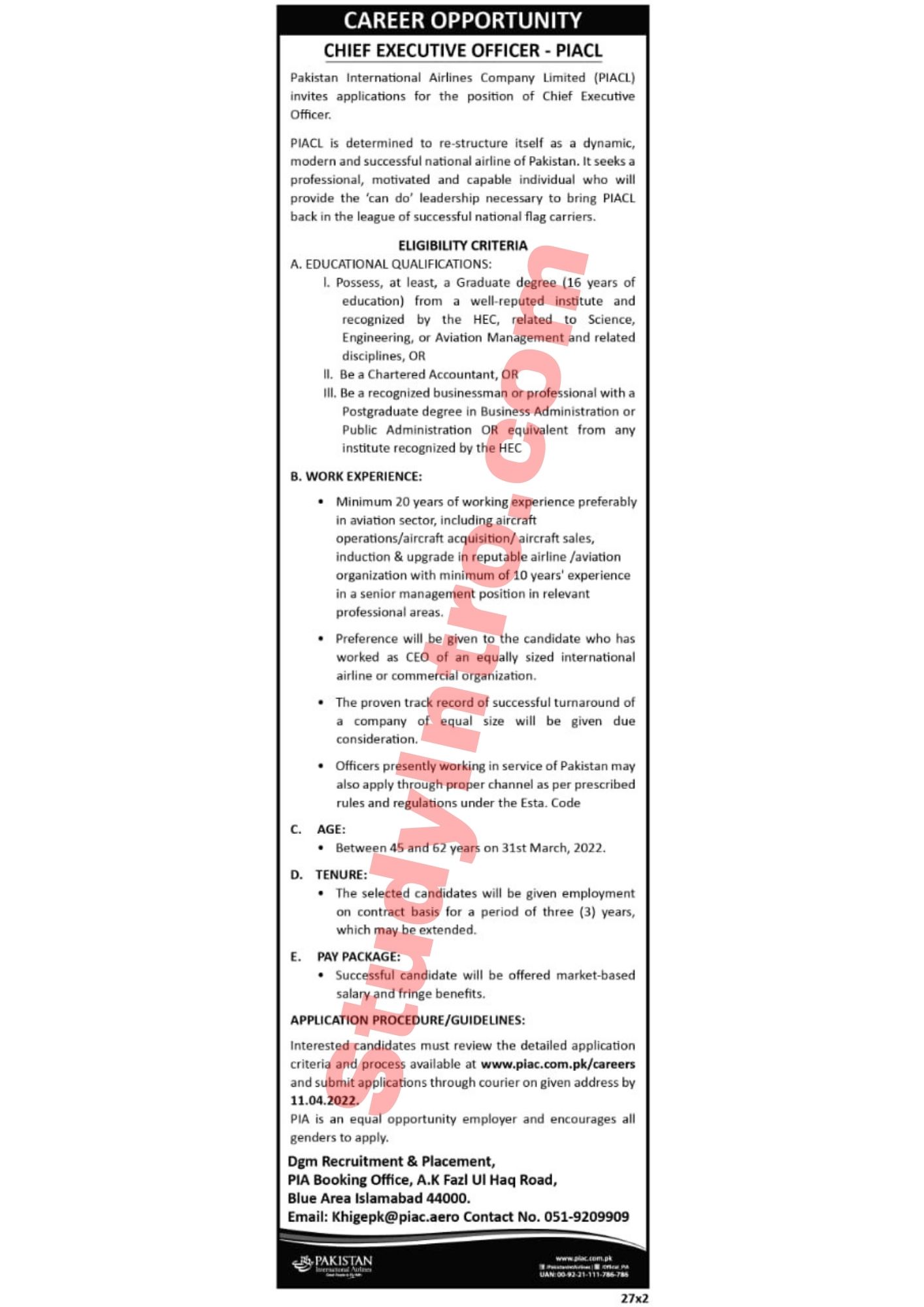 CEO Jobs in PIA 2022-Apply Now