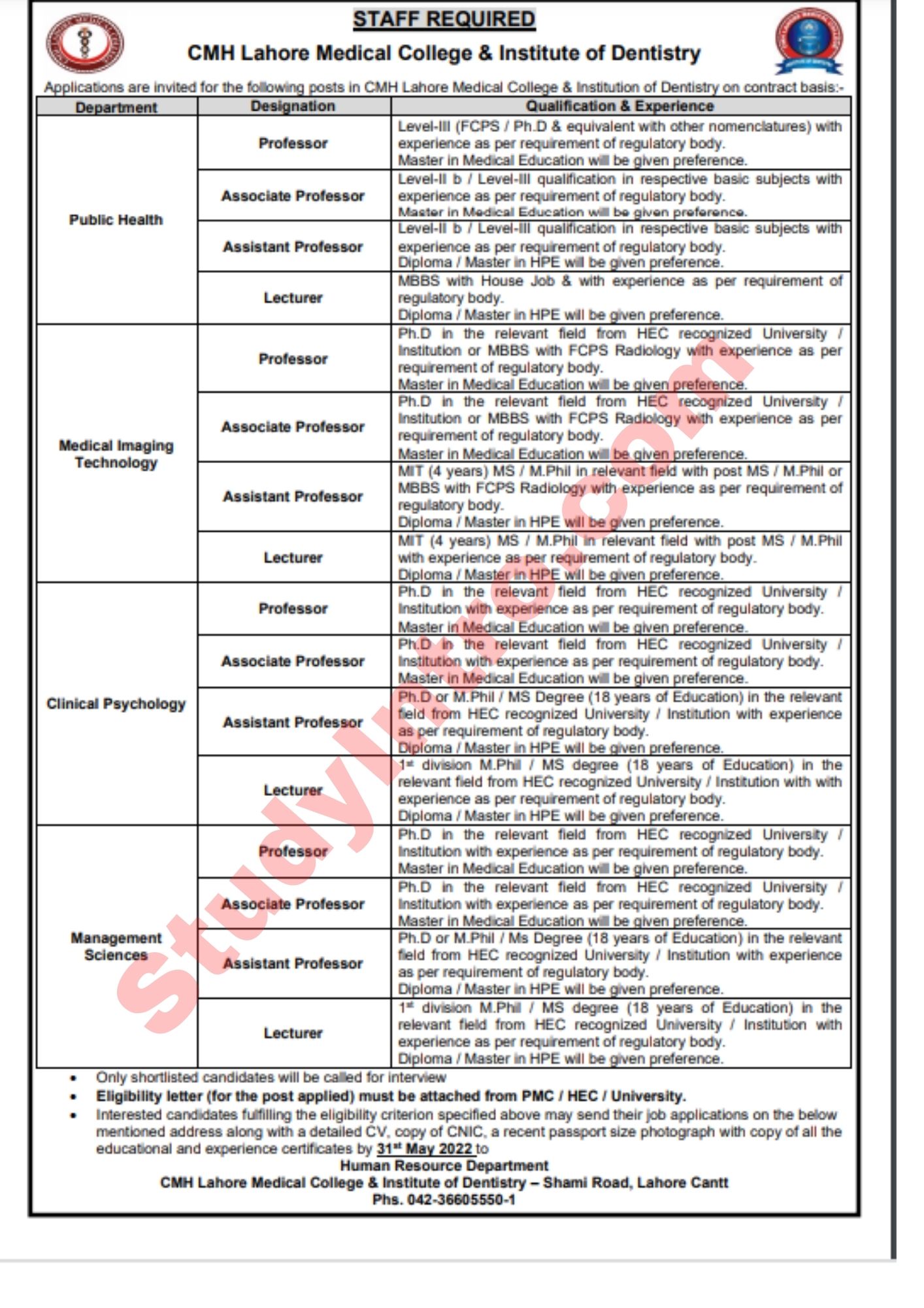 CMH Lahore Medical College Jobs 2022