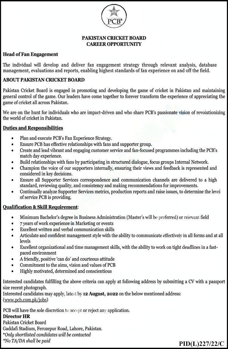 Jobs in Pakistan Cricket Board (PCB) 2022 Advertisement