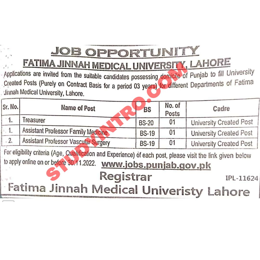 Govt Jobs in Fatima Jinnah Medical University 2022