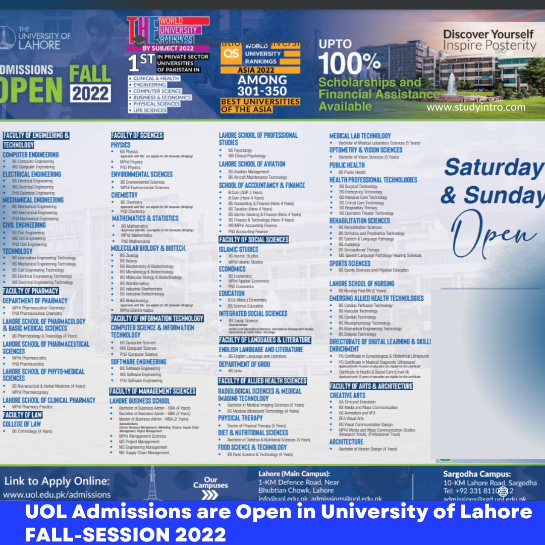 UOL Admissions are Open in University of Lahore 2022