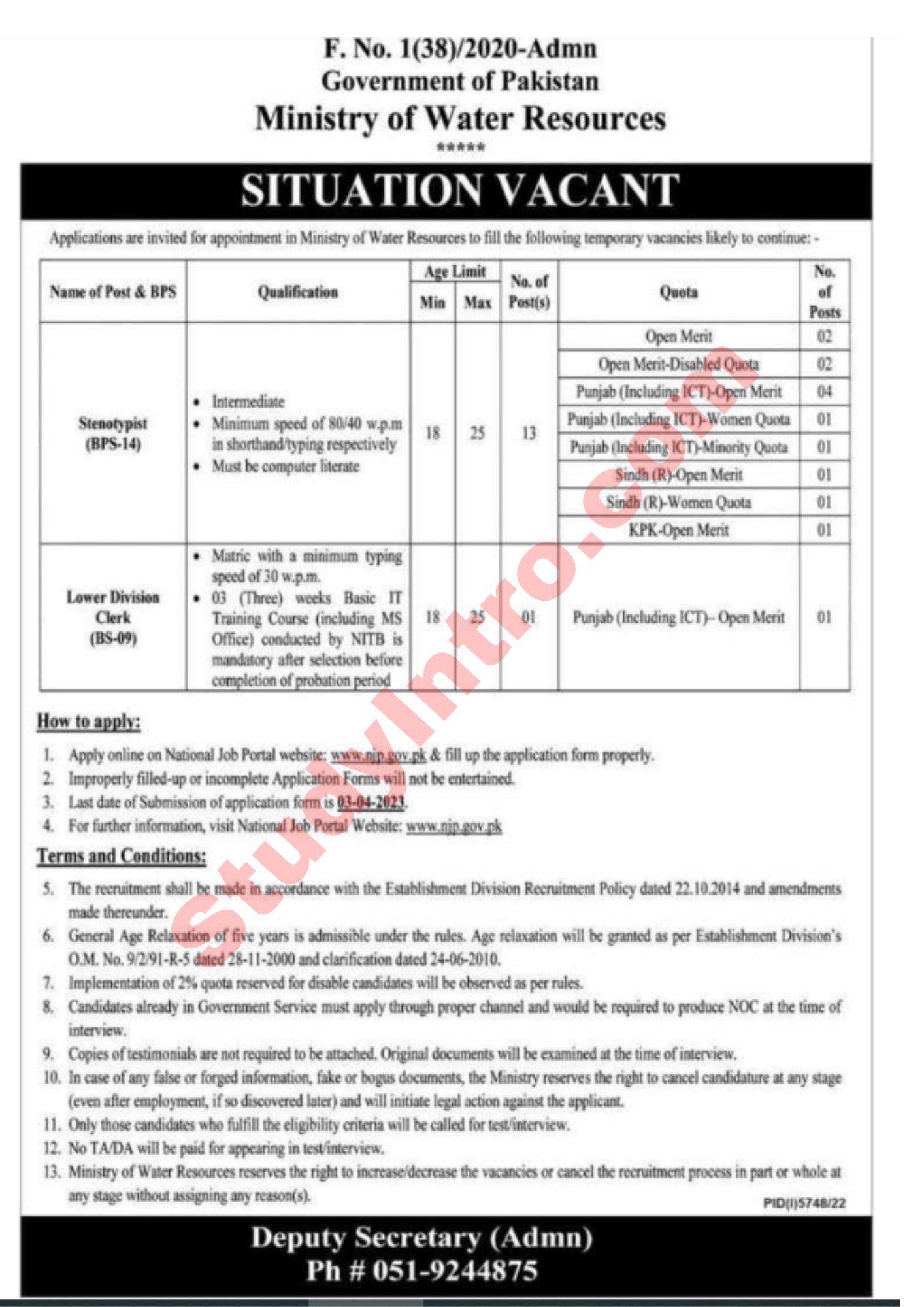 Govt Jobs in Ministry of Water Resources 2023