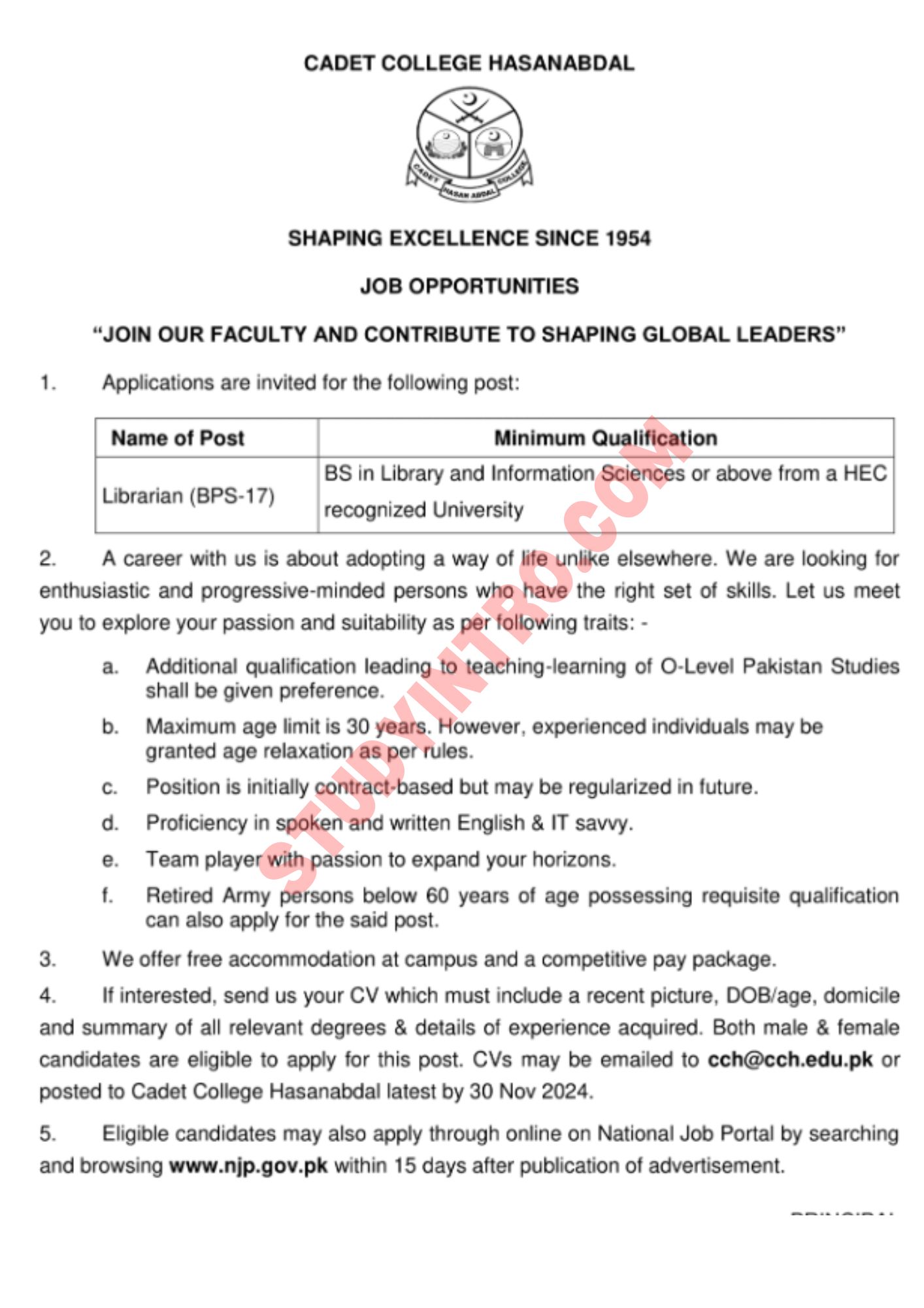 Librarian Job in Cadet College Hasanabdal 